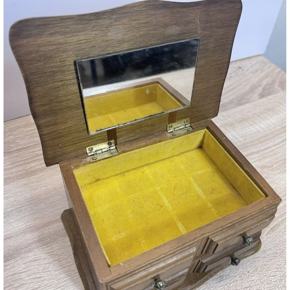 Wooden Jewelry Box Mini Chest 4 Drawer Mirror‎ Top Trinket Storage